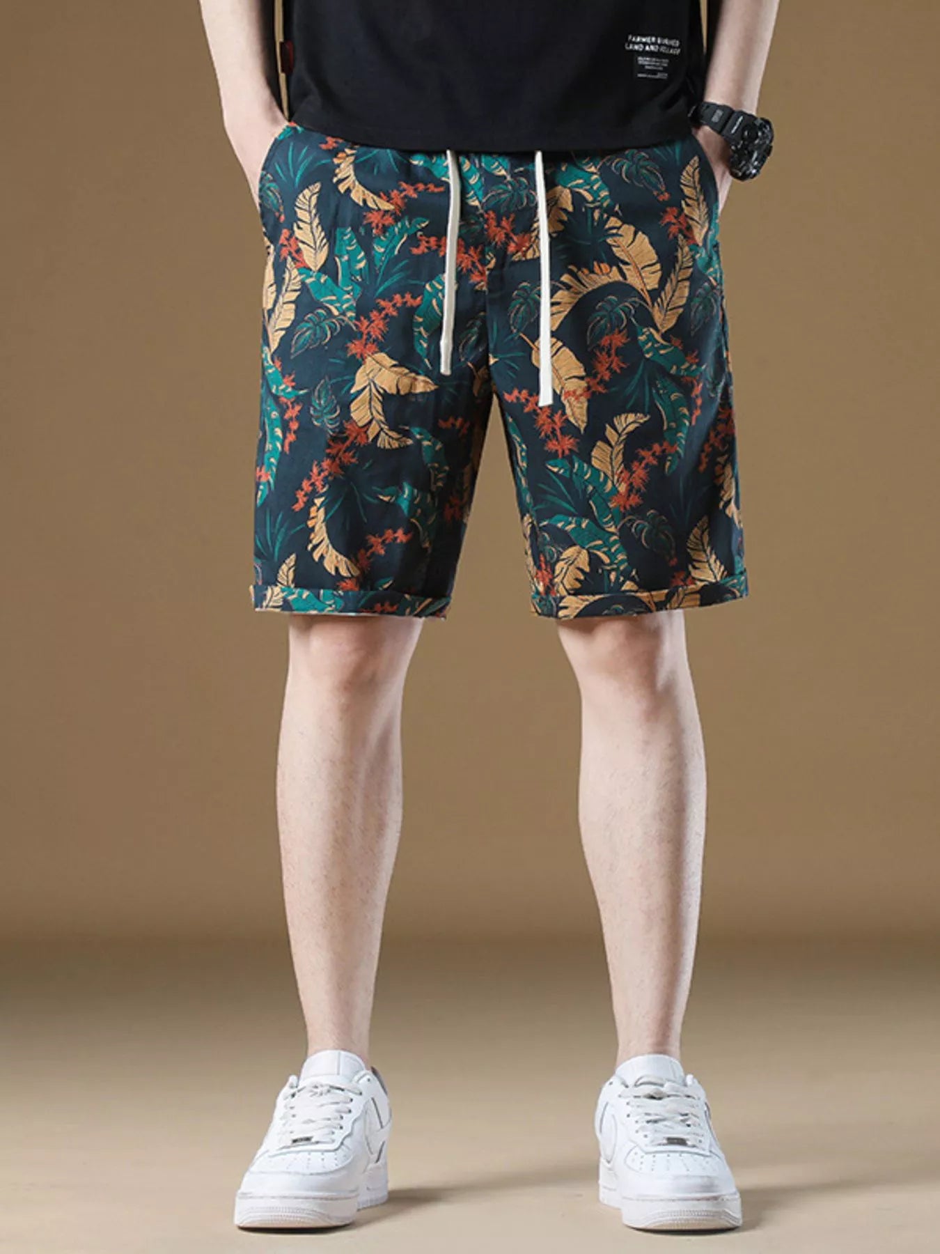 Men's Plus Size Drawstring Printed Loose Fit Shorts Deep Teal / M