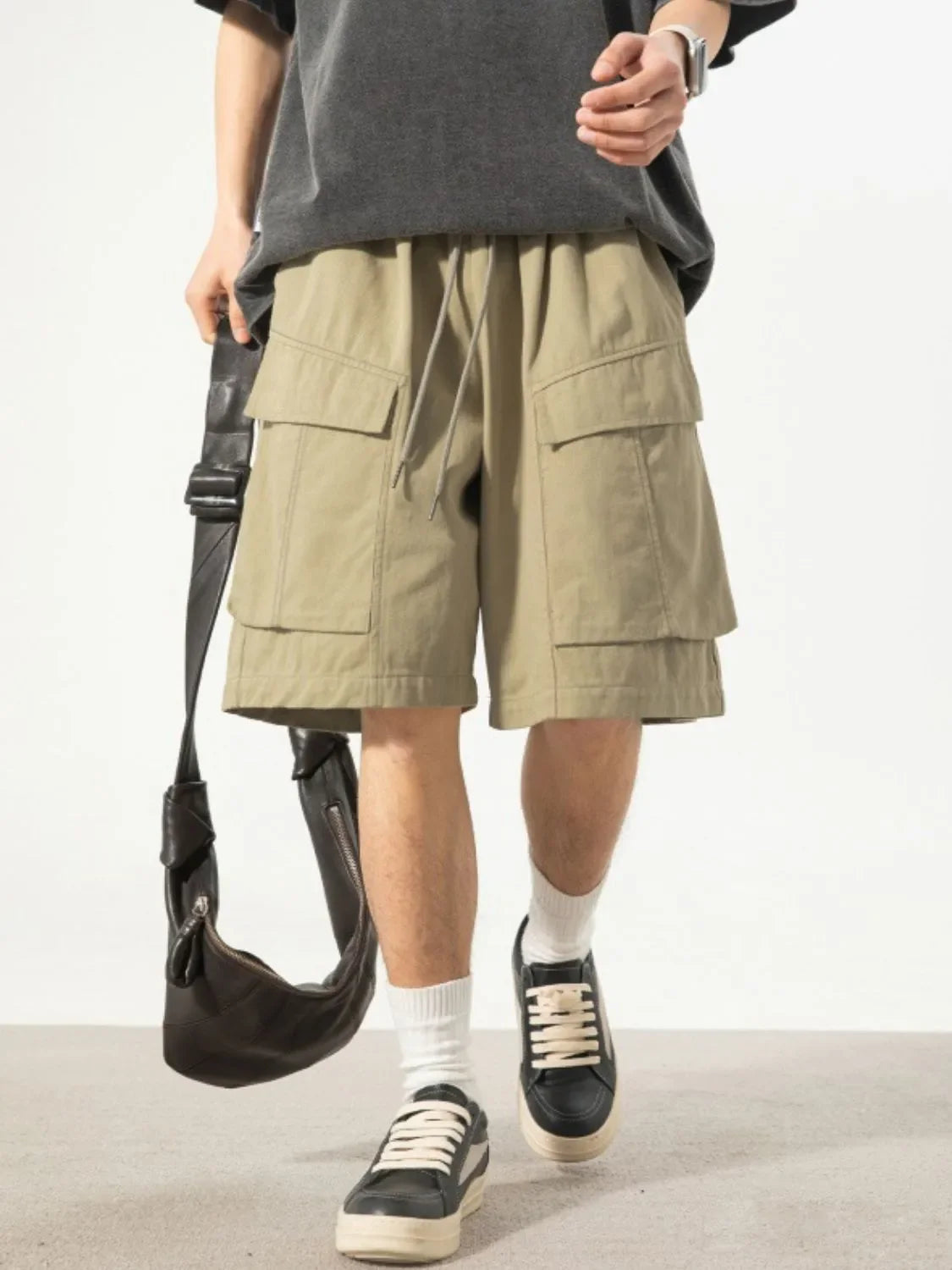 Men's Plus Size Drawstring Shorts with Pockets Khaki / M