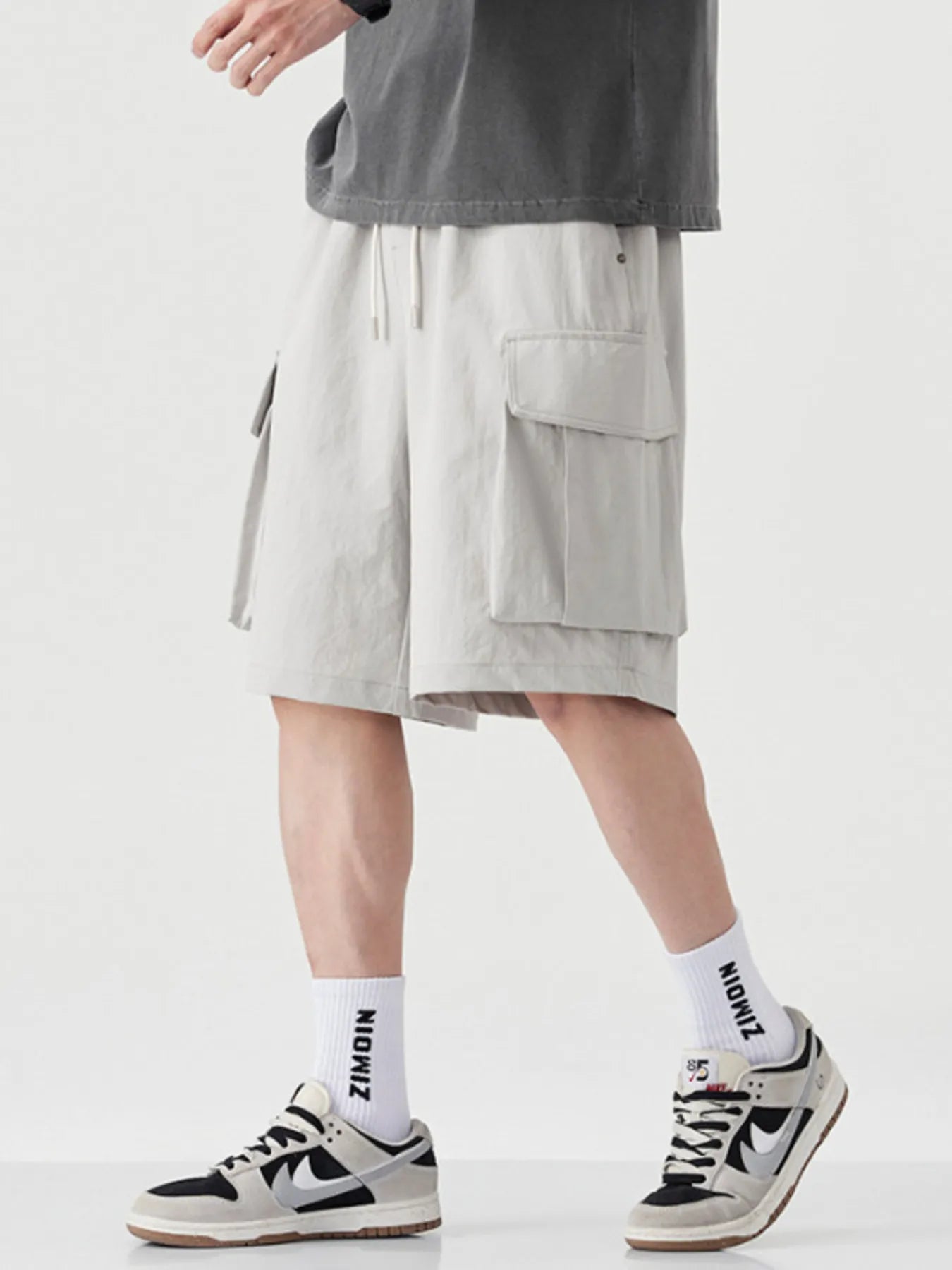 Men's Plus Size Drawstring Wide Leg Cargo Shorts Light Gray / 28