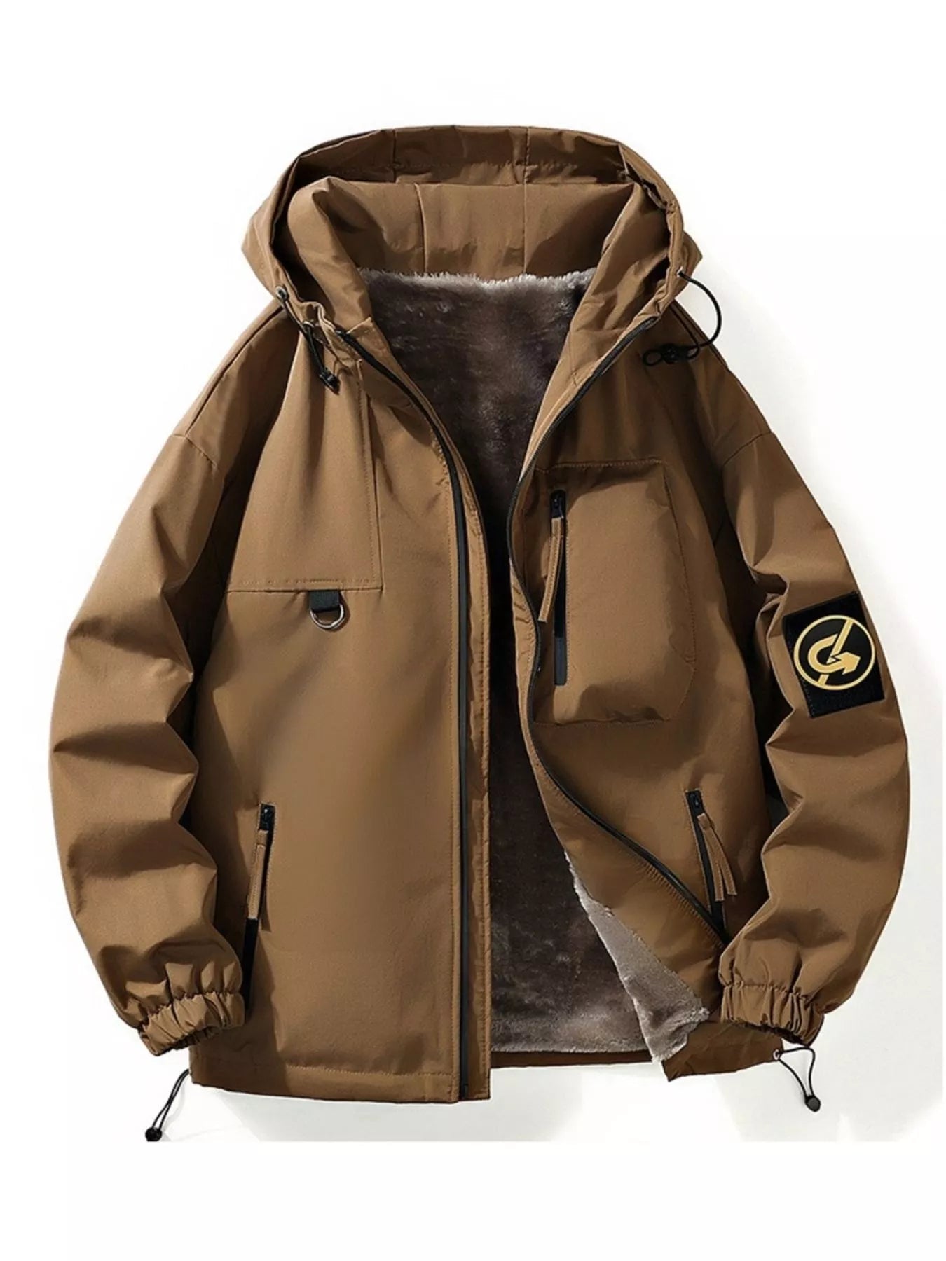 Men's Plus Size Drawstring Zip Up Hooded Jacket Brown / M