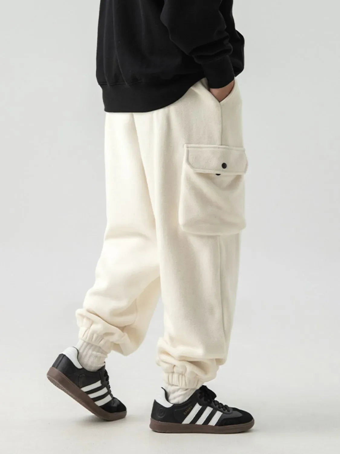 Men's Plus Size Elastic Waist Joggers with Pockets Ivory / M