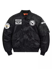 Men's Plus Size Embroidered Patches Bomber Jacket Black / M