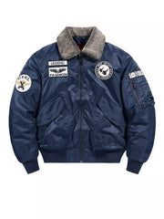 Men's Plus Size Embroidered Patches Bomber Jacket Dark Blue / M