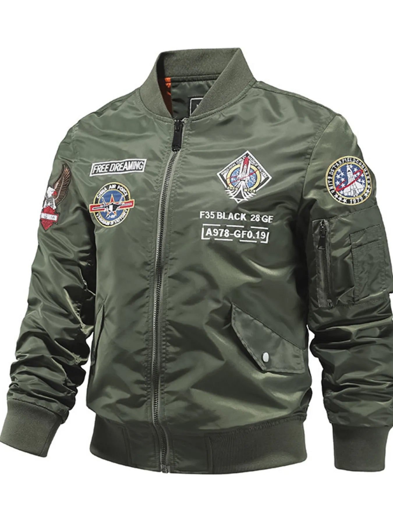 Men's Plus Size Embroidered Patches Zip Up Bomber Jacket Army Green / M
