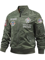 Men's Plus Size Embroidered Patches Zip Up Bomber Jacket Army Green / M