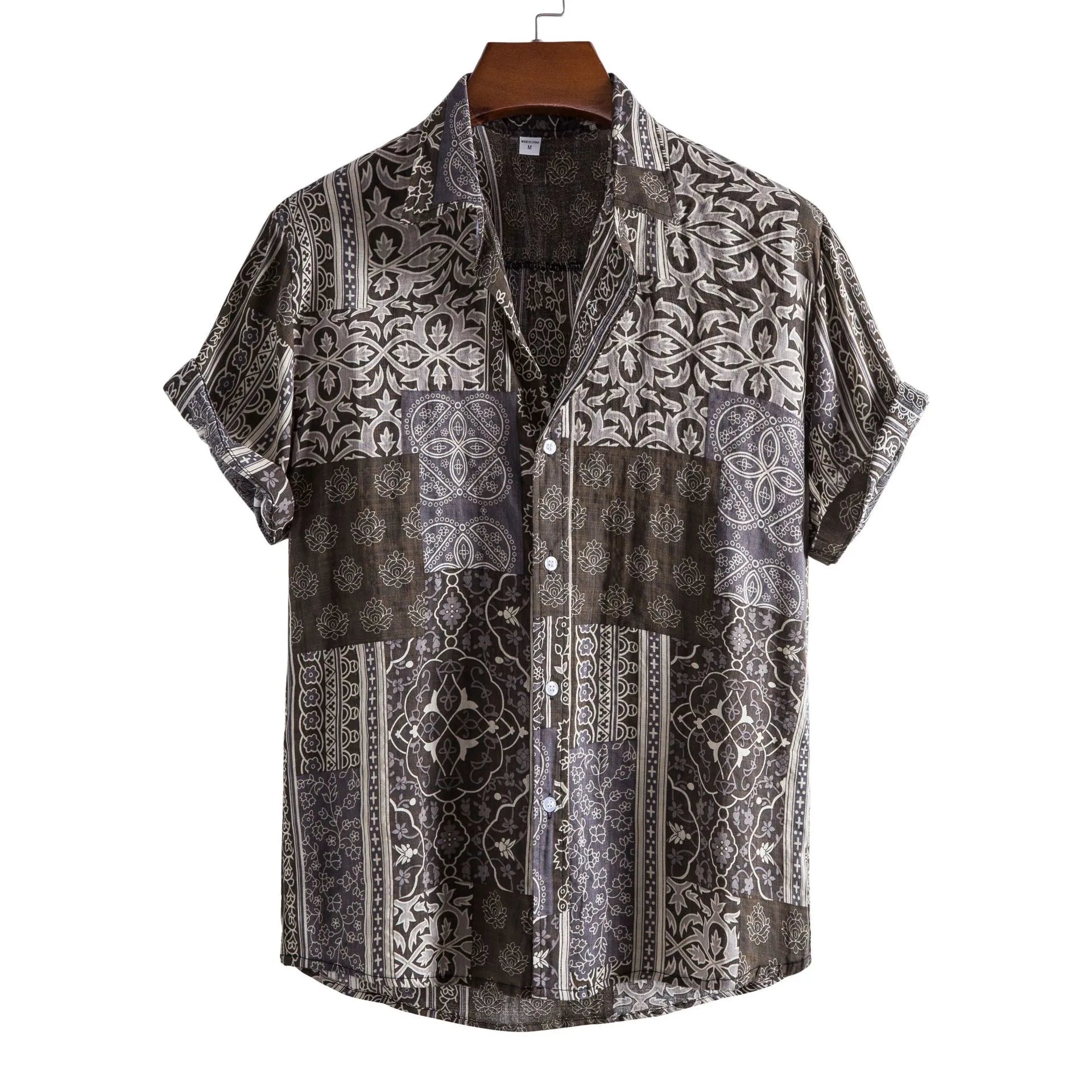Men's Plus Size Ethnic Print Short Sleeve Button-Up Shirt Coffee Brown / M