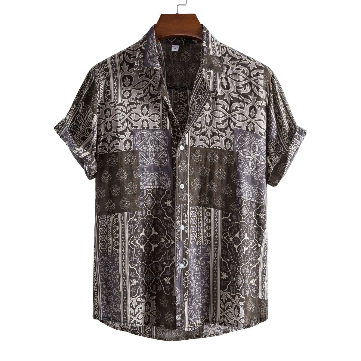 Men's Plus Size Ethnic Print Short Sleeve Button-Up Shirt Coffee Brown / M