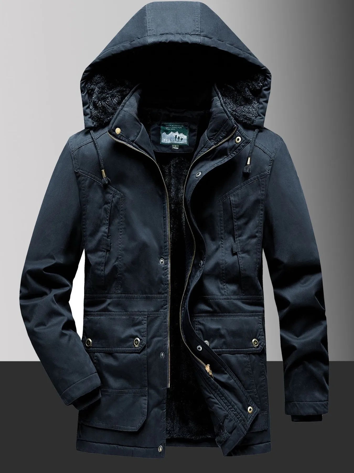 Men's Plus Size Fleece Lined Hooded Winter Coat Black Blue / L