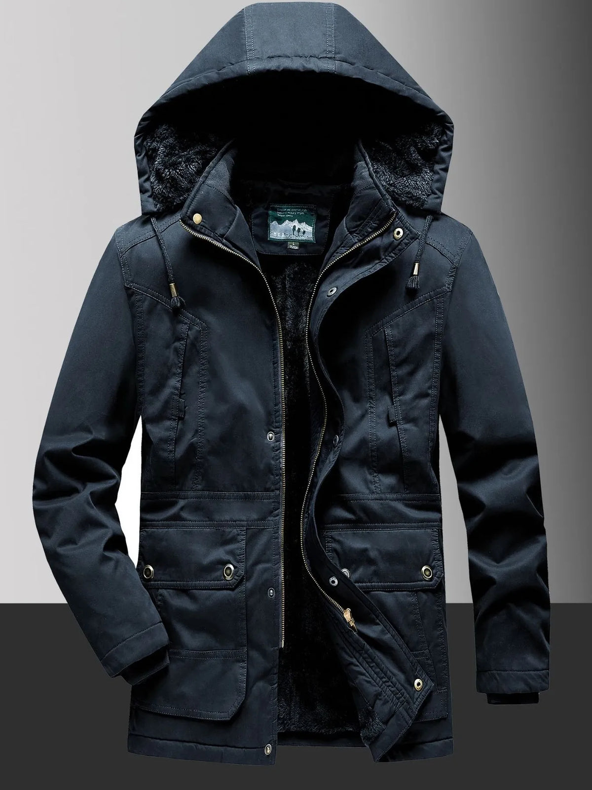 Men's Plus Size Fleece Lined Hooded Winter Coat Black Blue / L