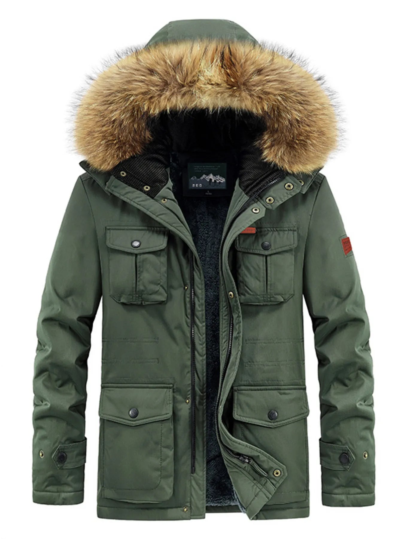 Men's Plus Size Fur Hooded Warm Winter Coat Army Green / M
