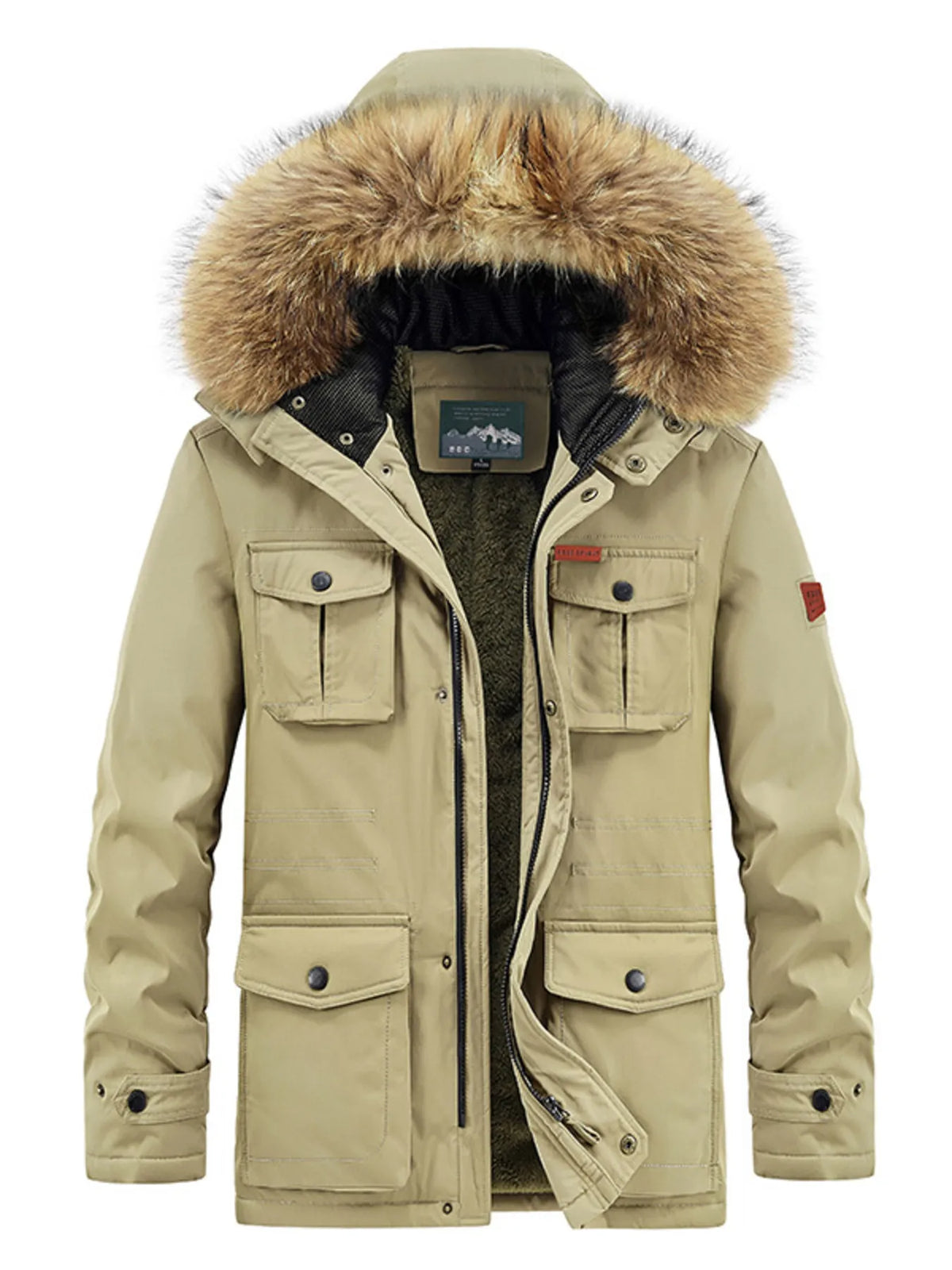 Men's Plus Size Fur Hooded Warm Winter Coat Khaki / M