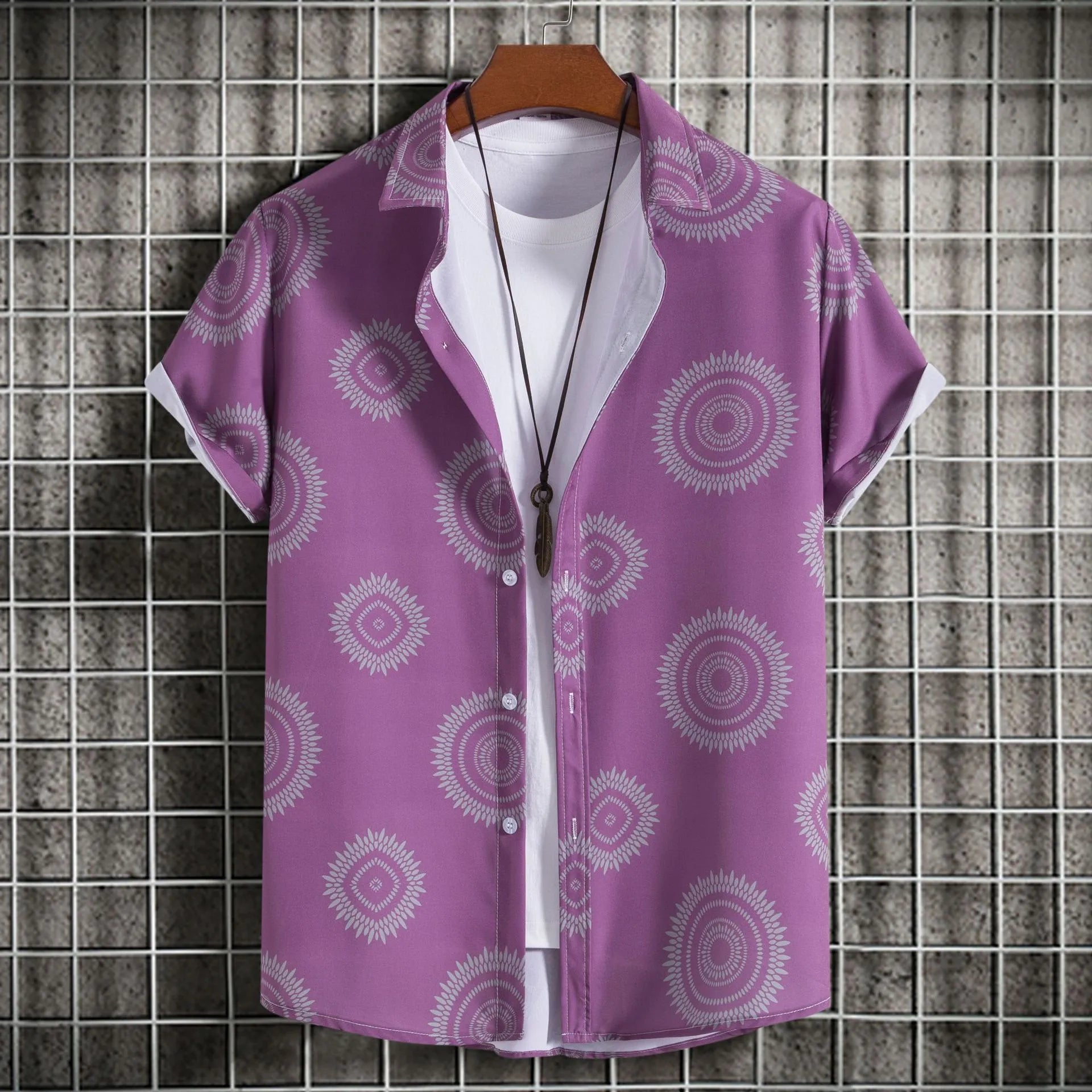 Men's Plus Size Geometric Print Short Sleeve Button-Up Shirt Red-Violet / M