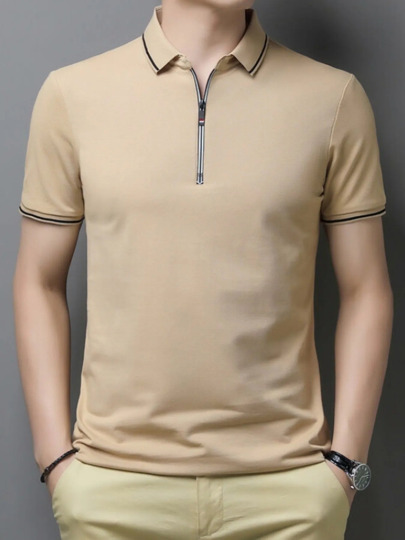 Men's Plus Size Half-Zip Contrast Trim Polo Shirt Khaki / M