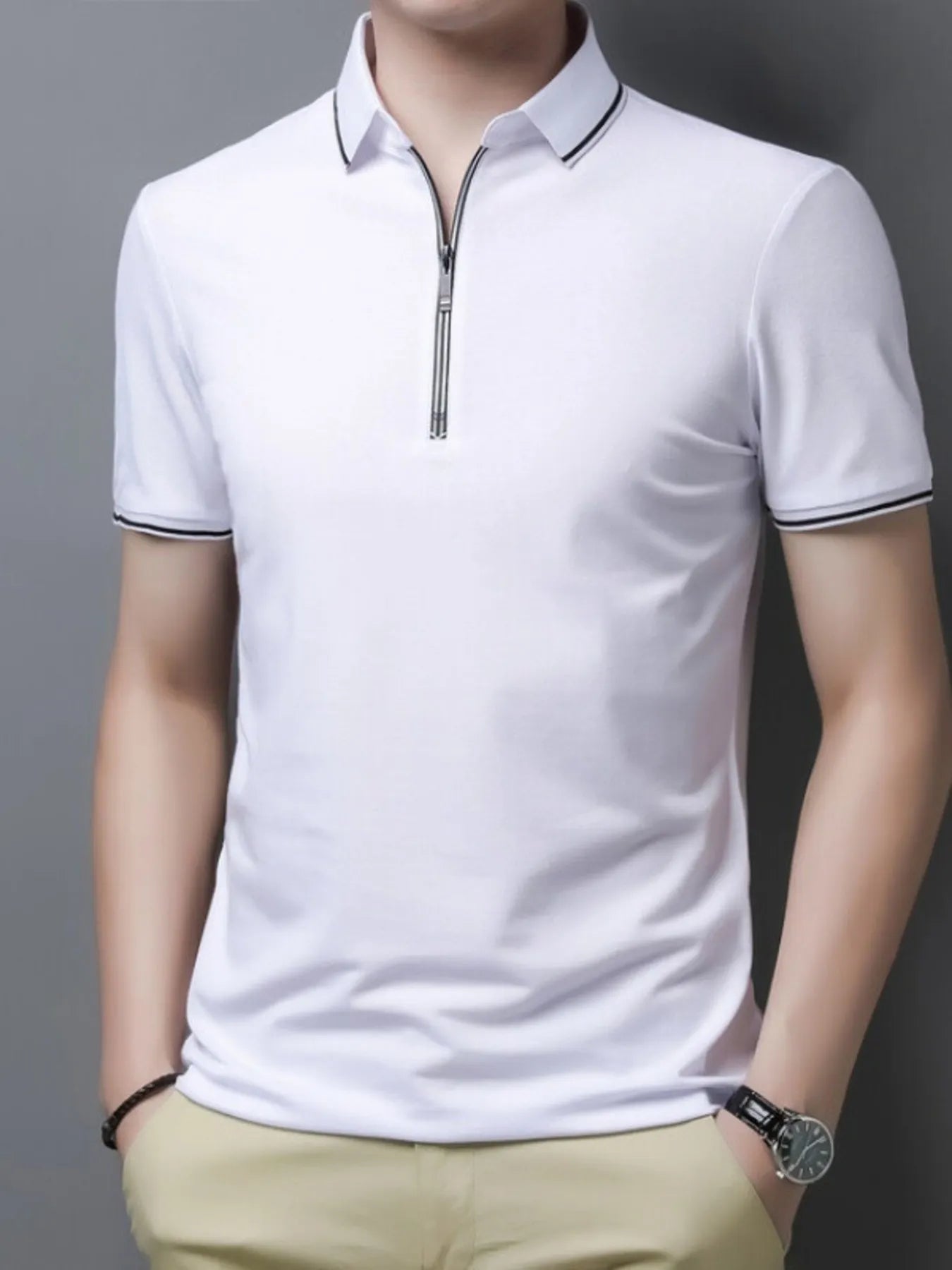 Men's Plus Size Half-Zip Contrast Trim Polo Shirt White / M