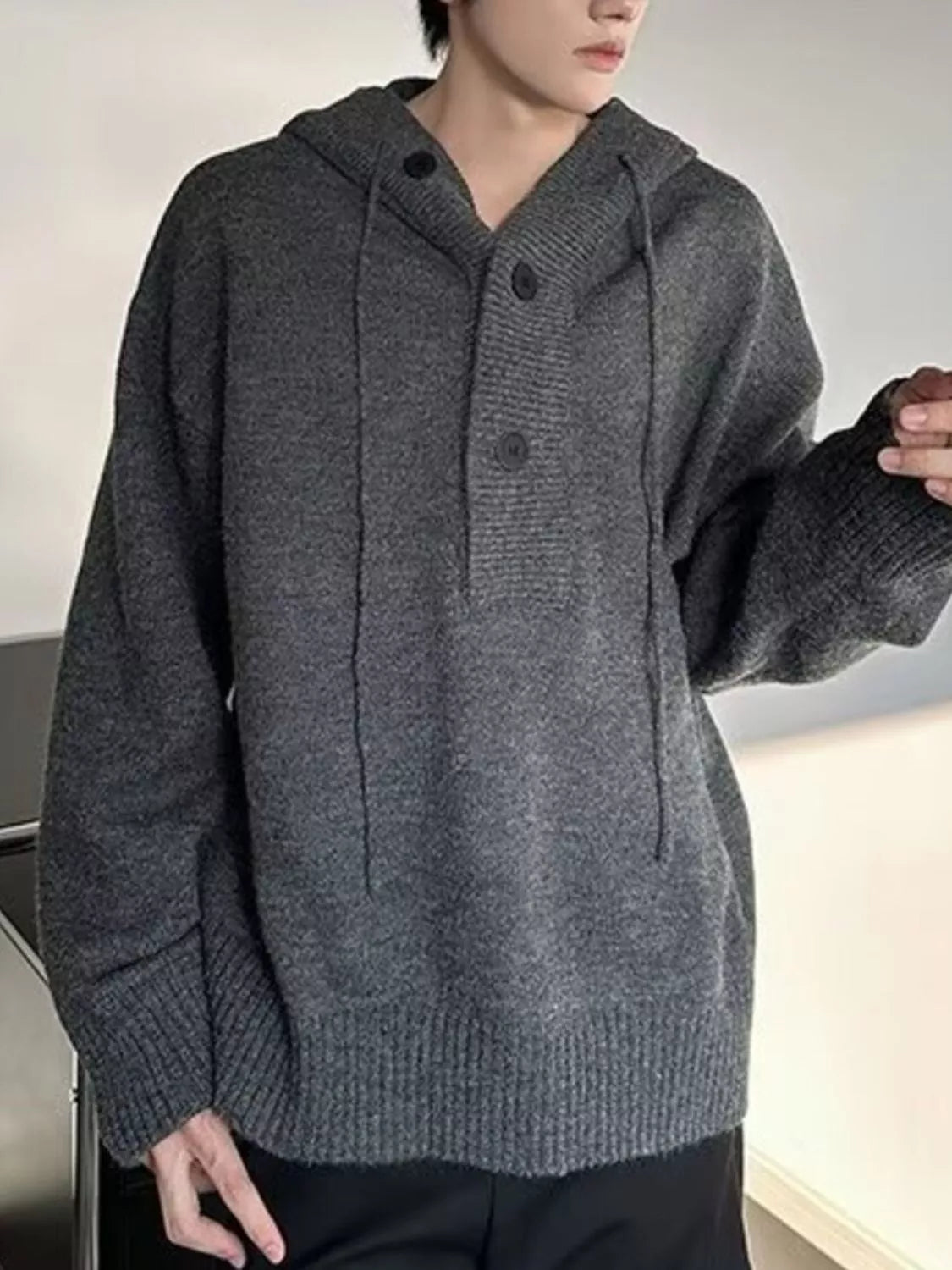 Men's Plus Size Hooded Button Detail Knit Sweater