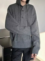 Men's Plus Size Hooded Button Detail Knit Sweater Gray / M