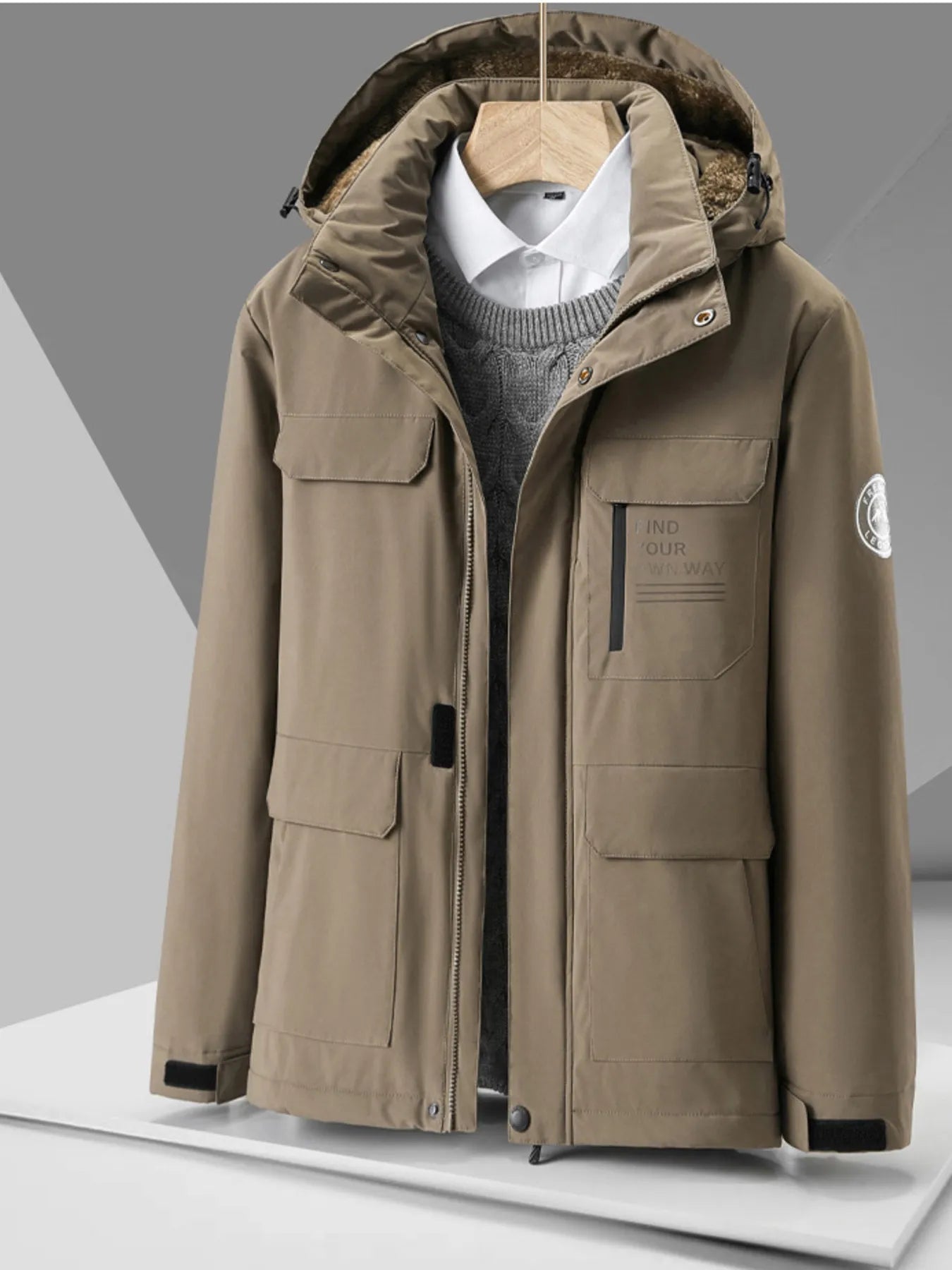 Men's Plus Size Hooded Zip Up Winter Jacket Khaki Color / M