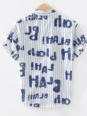 Men's Plus Size Letter Print Striped Short Sleeve Casual Shirt