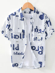 Men's Plus Size Letter Print Striped Short Sleeve Casual Shirt Blue / M