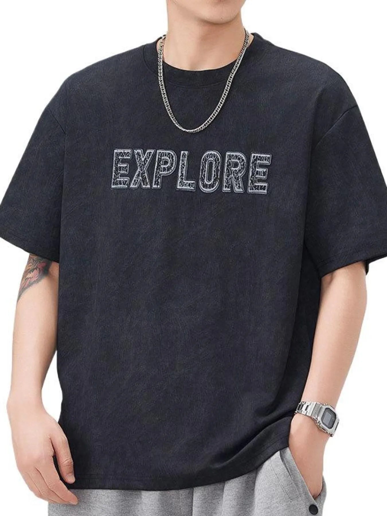 Men's Plus Size Letter Round Neck Short Sleeve T-Shirt Black / M