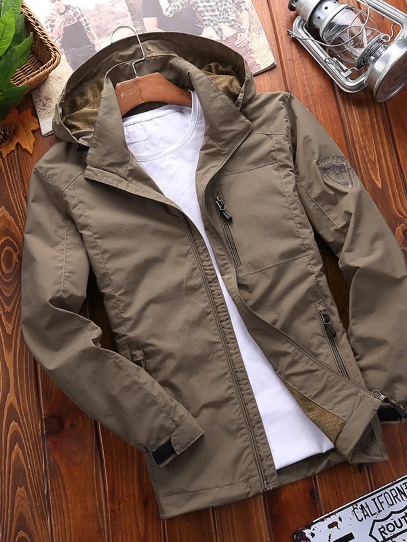 Men's Plus Size Lightweight Hooded Windproof Outdoor Jacket Khaki / M