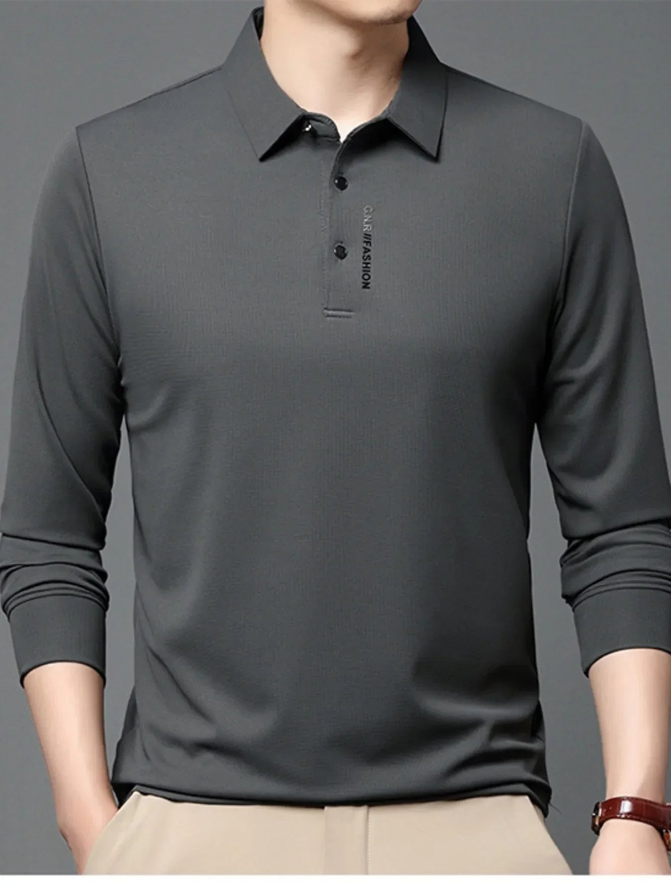 Men's Plus Size Long Sleeve Casual Polo with Classic Collar Grass Gray / M