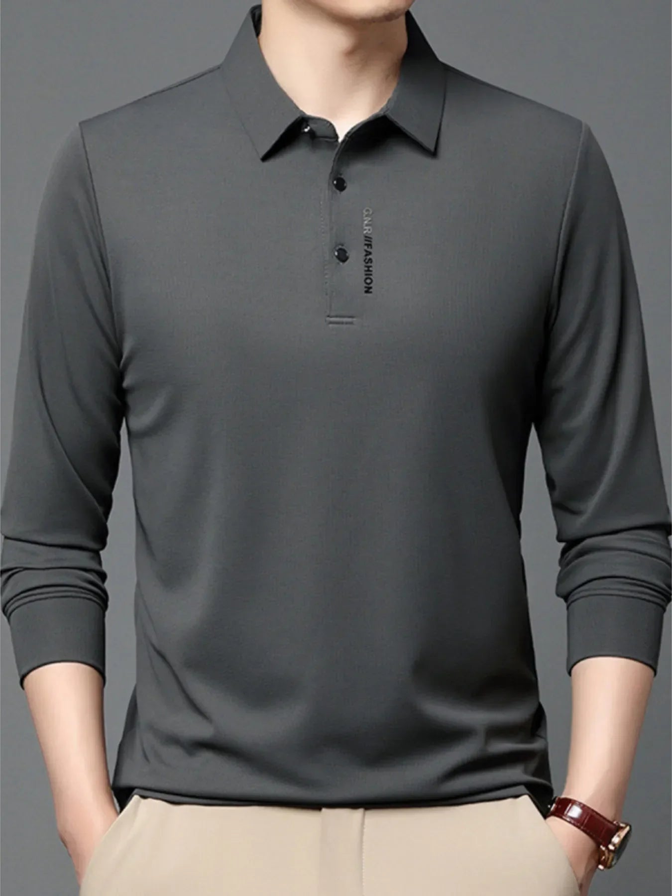 Men's Plus Size Long Sleeve Polo with Classic Collar Dark Gray / M