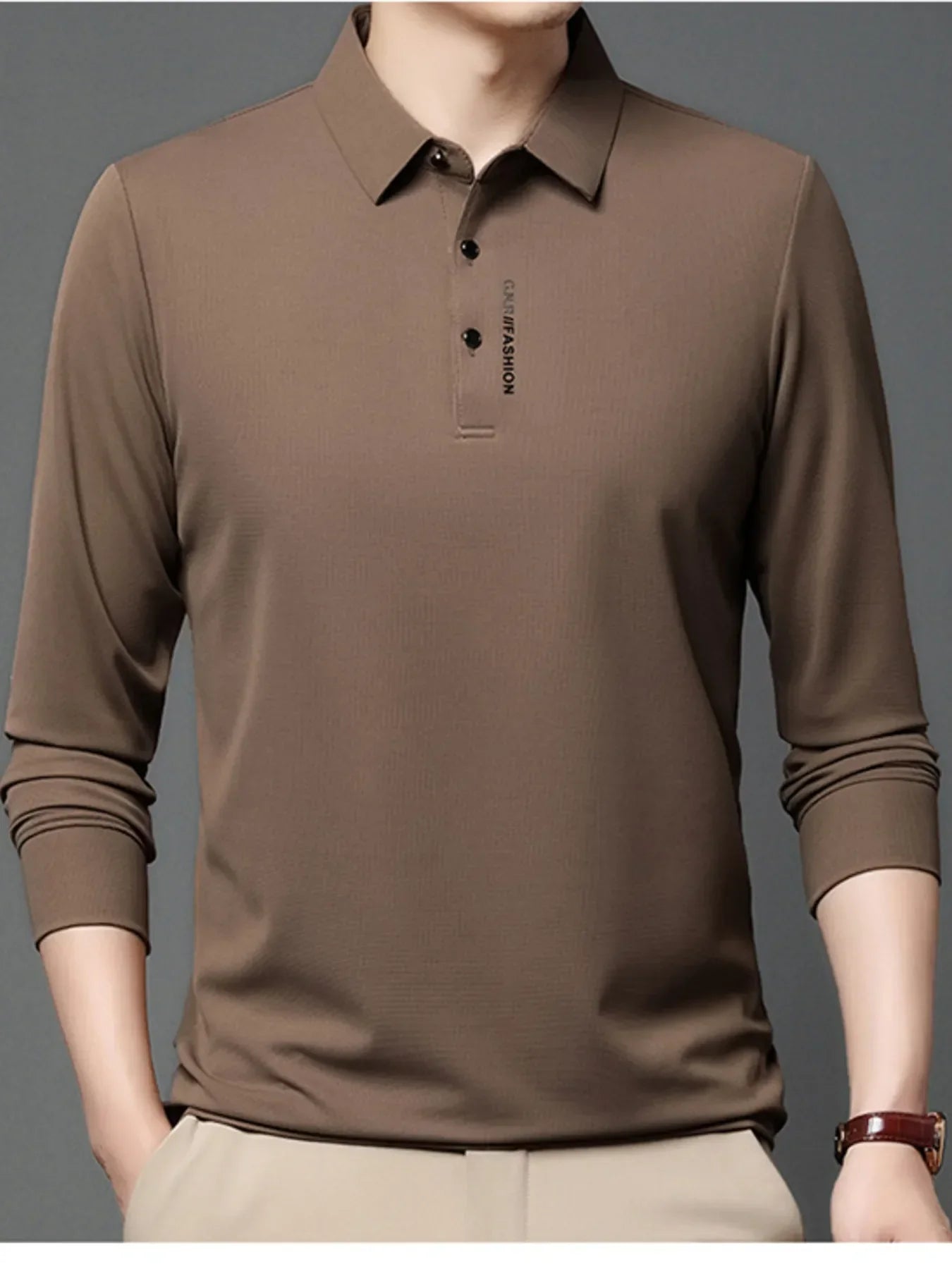 Men's Plus Size Long Sleeve Polo with Classic Collar Khaki / M