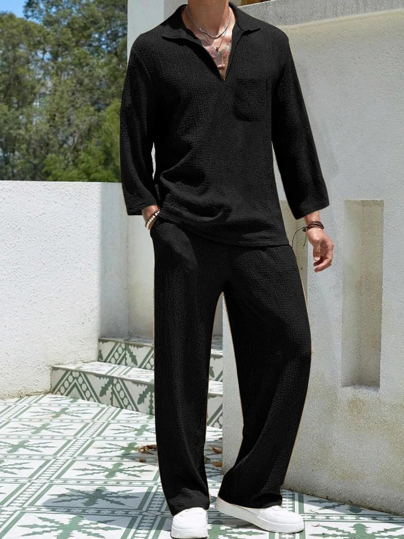 Men's Plus Size Long Sleeve Top and Pants Set Black / M