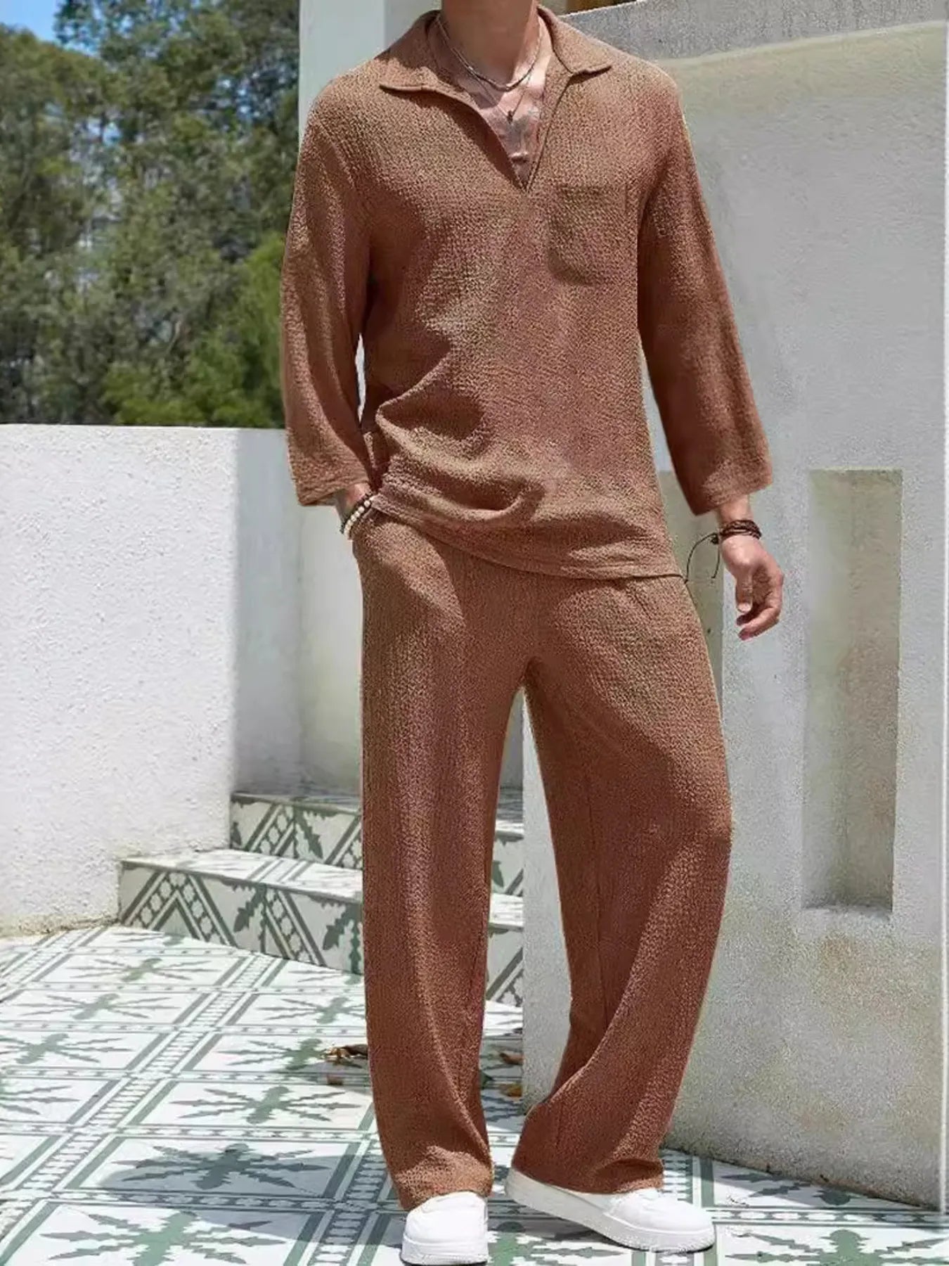 Men's Plus Size Long Sleeve Top and Pants Set Caramel Color / M