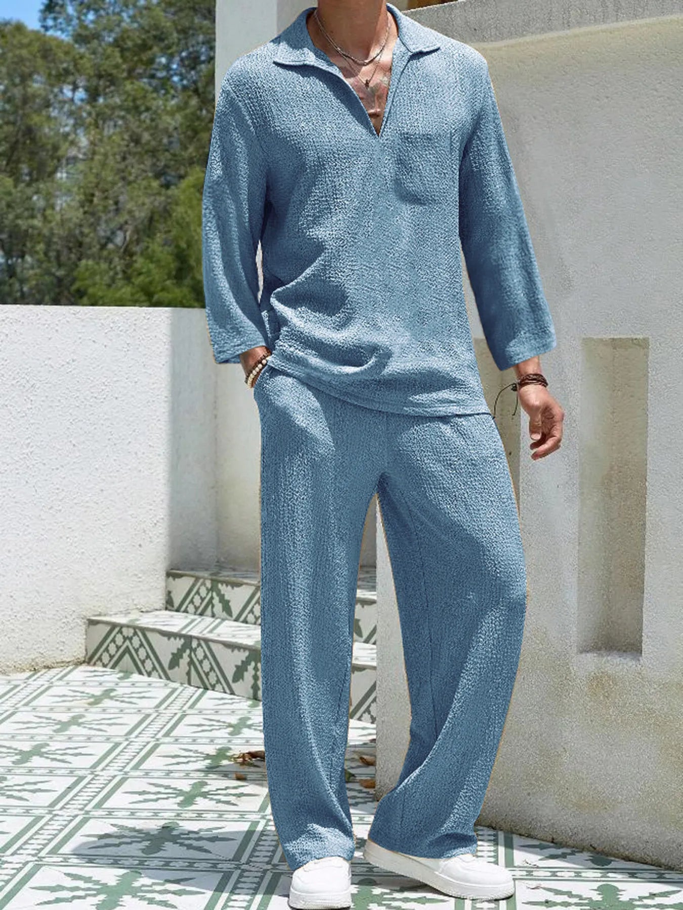 Men's Plus Size Long Sleeve Top and Pants Set Lake Blue / M