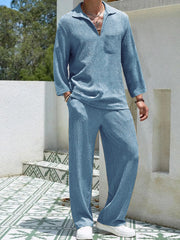 Men's Plus Size Long Sleeve Top and Pants Set Lake Blue / M
