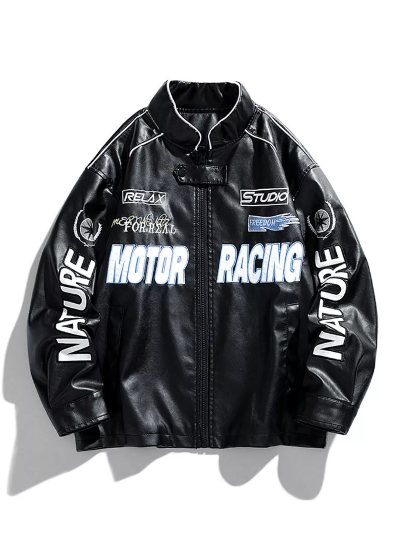 Men's Plus Size Motor Racing Leather Jacket Black / M