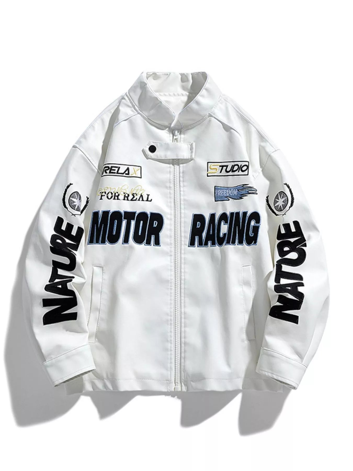 Men's Plus Size Motor Racing Leather Jacket Ivory / M