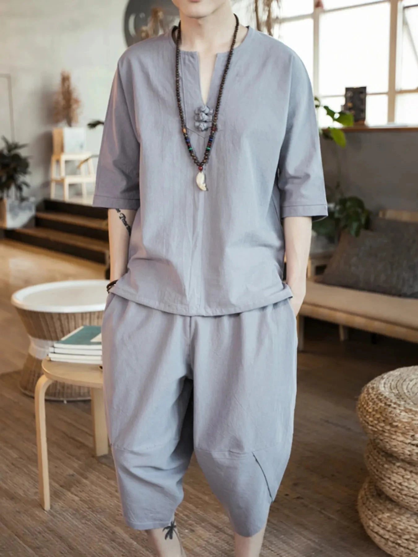 Men's Plus Size Notched Half Sleeve Top and Cropped Pants Set Light Gray / M