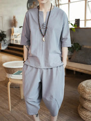 Men's Plus Size Notched Half Sleeve Top and Cropped Pants Set Light Gray / M