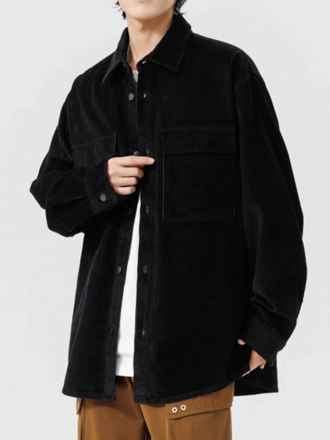 Men's Plus Size Oversized Button Up Corduroy Shirt Black / M