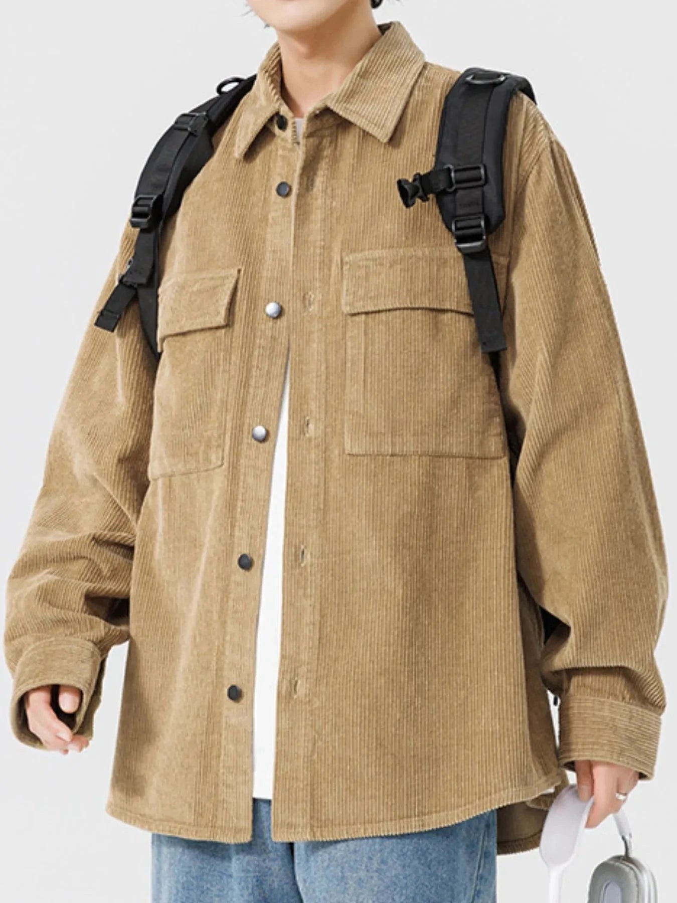 Men's Plus Size Oversized Button Up Corduroy Shirt Khaki / M