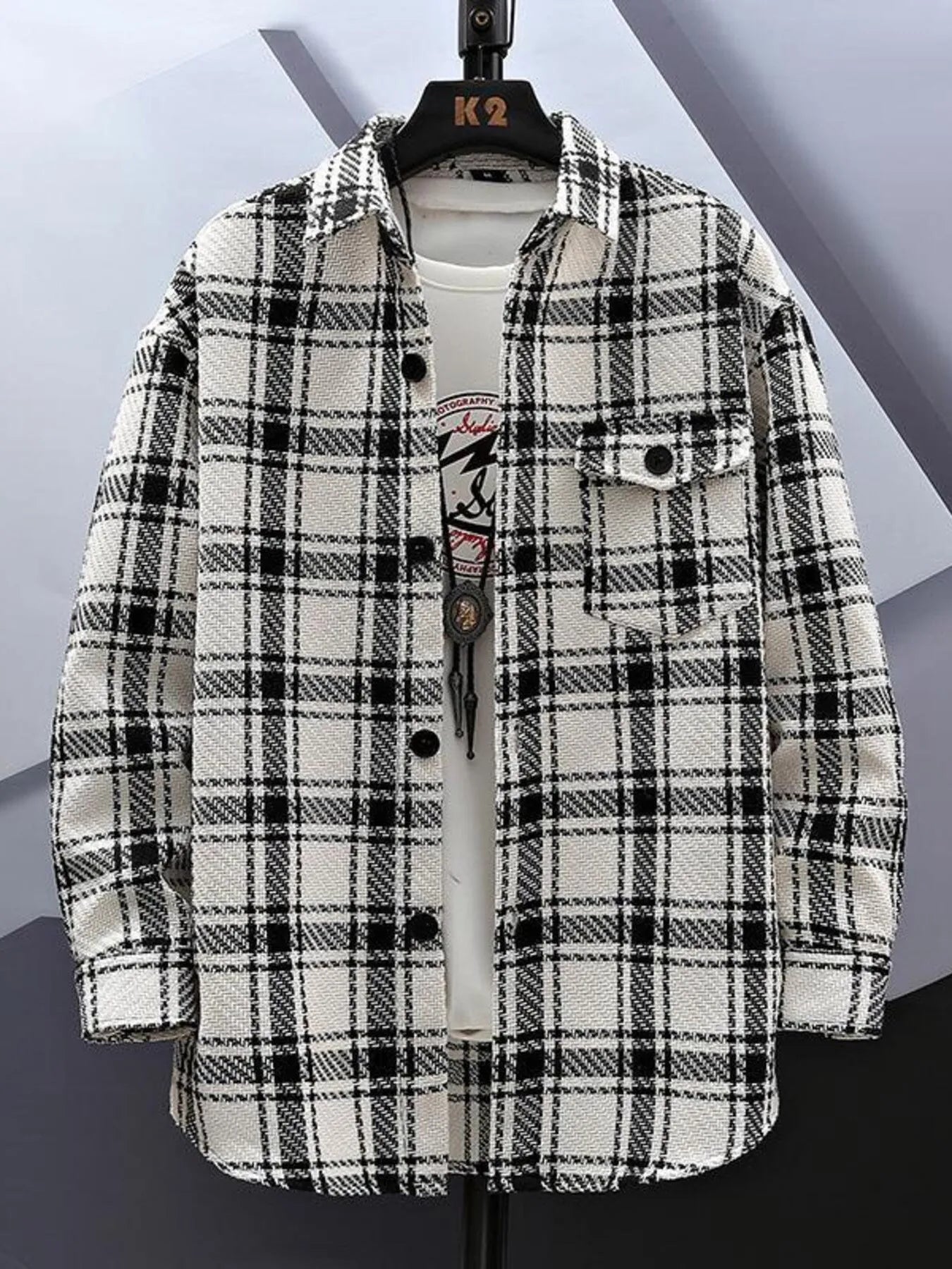 Men's Plus Size Plaid Button Up Shirt White Grid / M