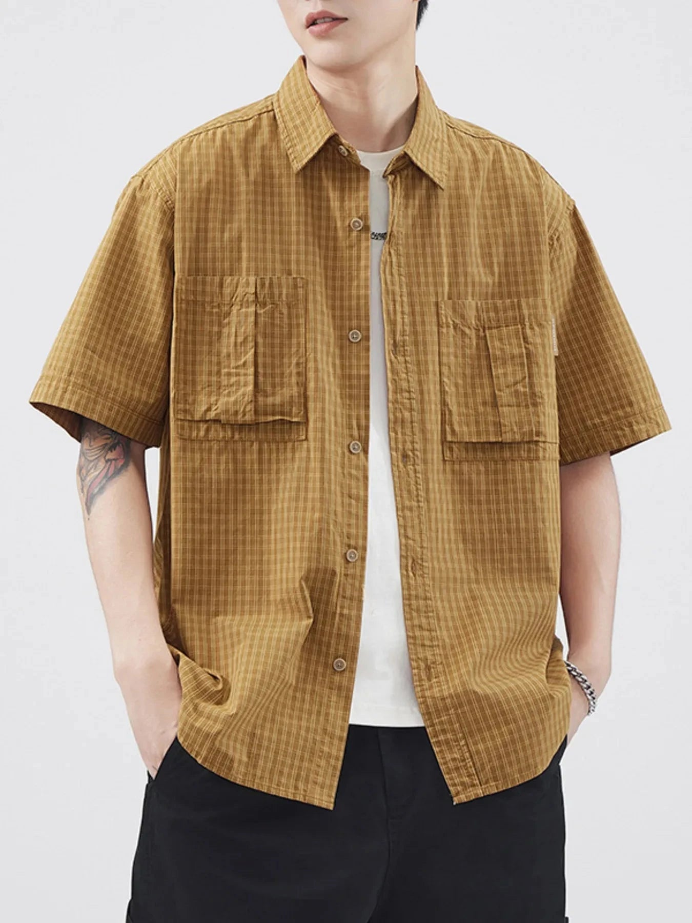 Men's Plus Size Plaid Button Up Short Sleeve Shirt