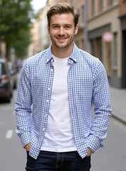 Men's Plus Size Plaid Button Up Short Sleeve Shirt Blue / M