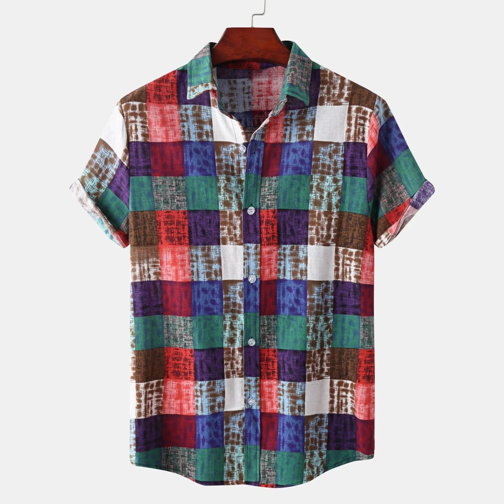 Men's Plus Size Plaid Button Up Short Sleeve Shirt Green / M
