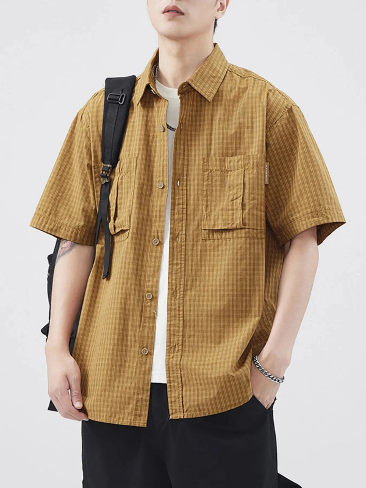 Men's Plus Size Plaid Button Up Short Sleeve Shirt Yellow / M