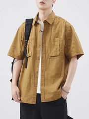 Men's Plus Size Plaid Button Up Short Sleeve Shirt Yellow / M