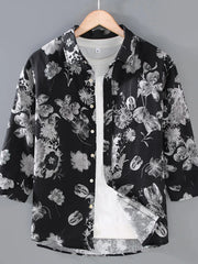 Men's Plus Size Printed Button Up Long Sleeve Shirt Black / M