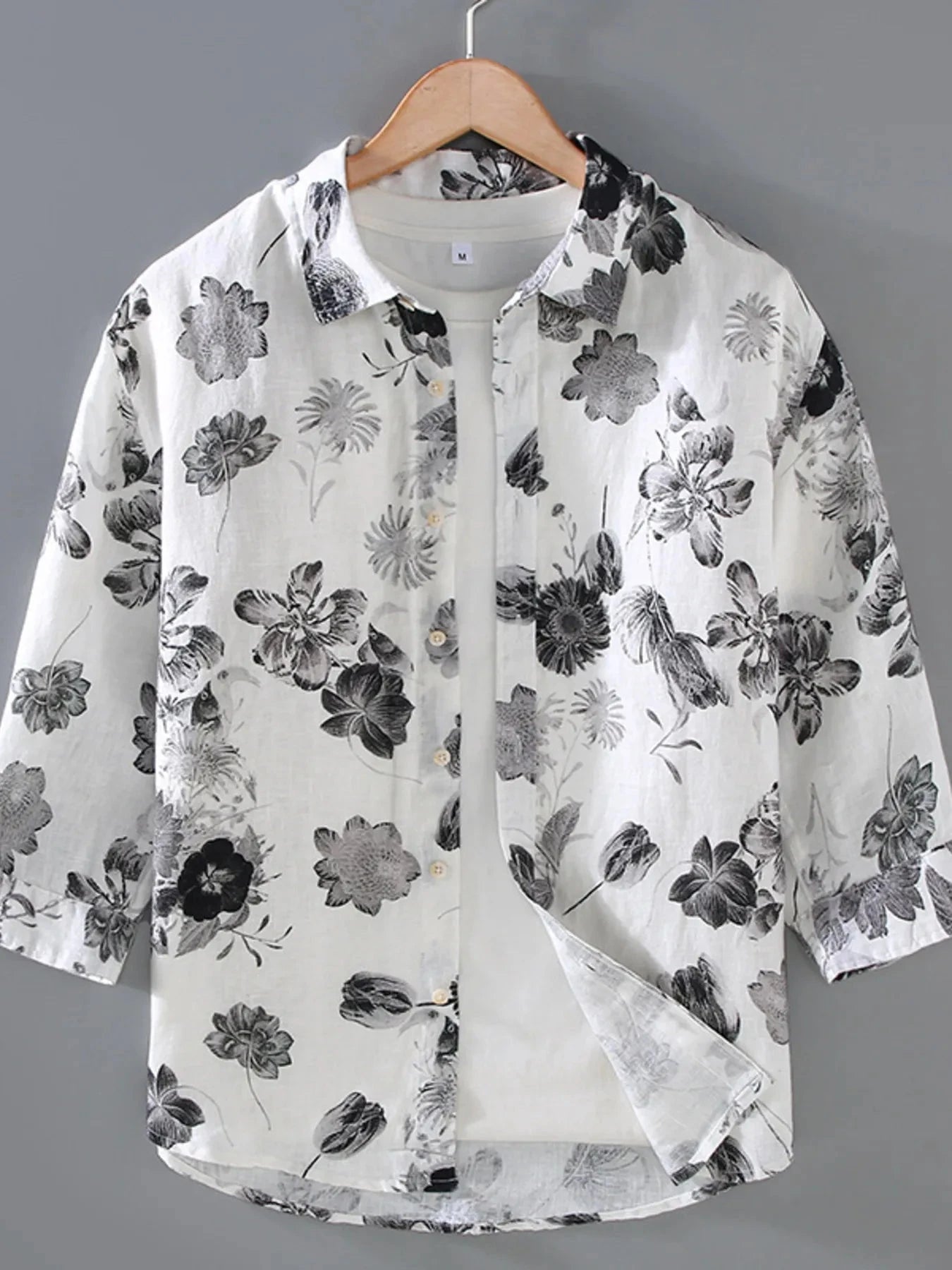 Men's Plus Size Printed Button Up Long Sleeve Shirt White / M