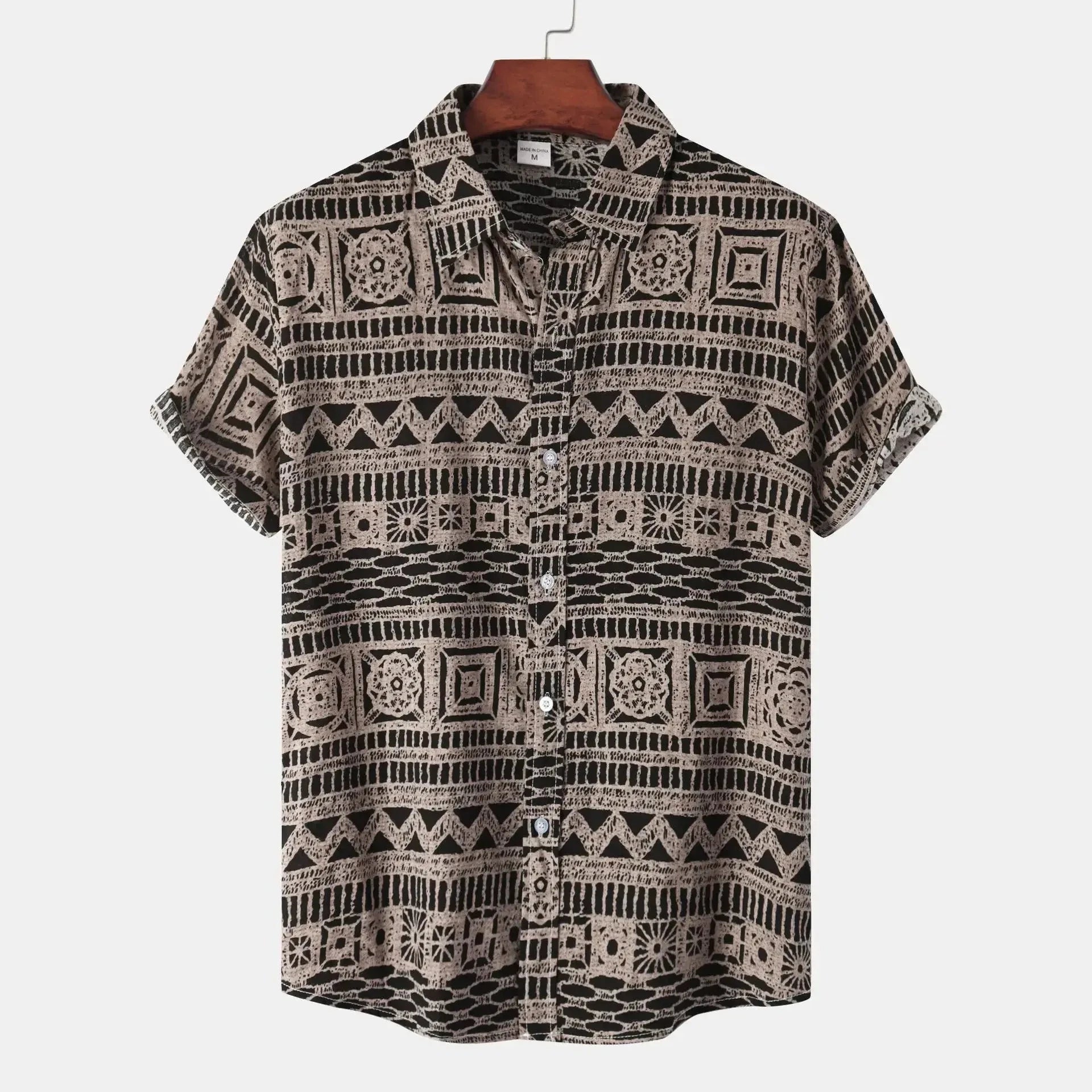 Men's Plus Size Printed Button Up Short Sleeve Shirt Khaki / M