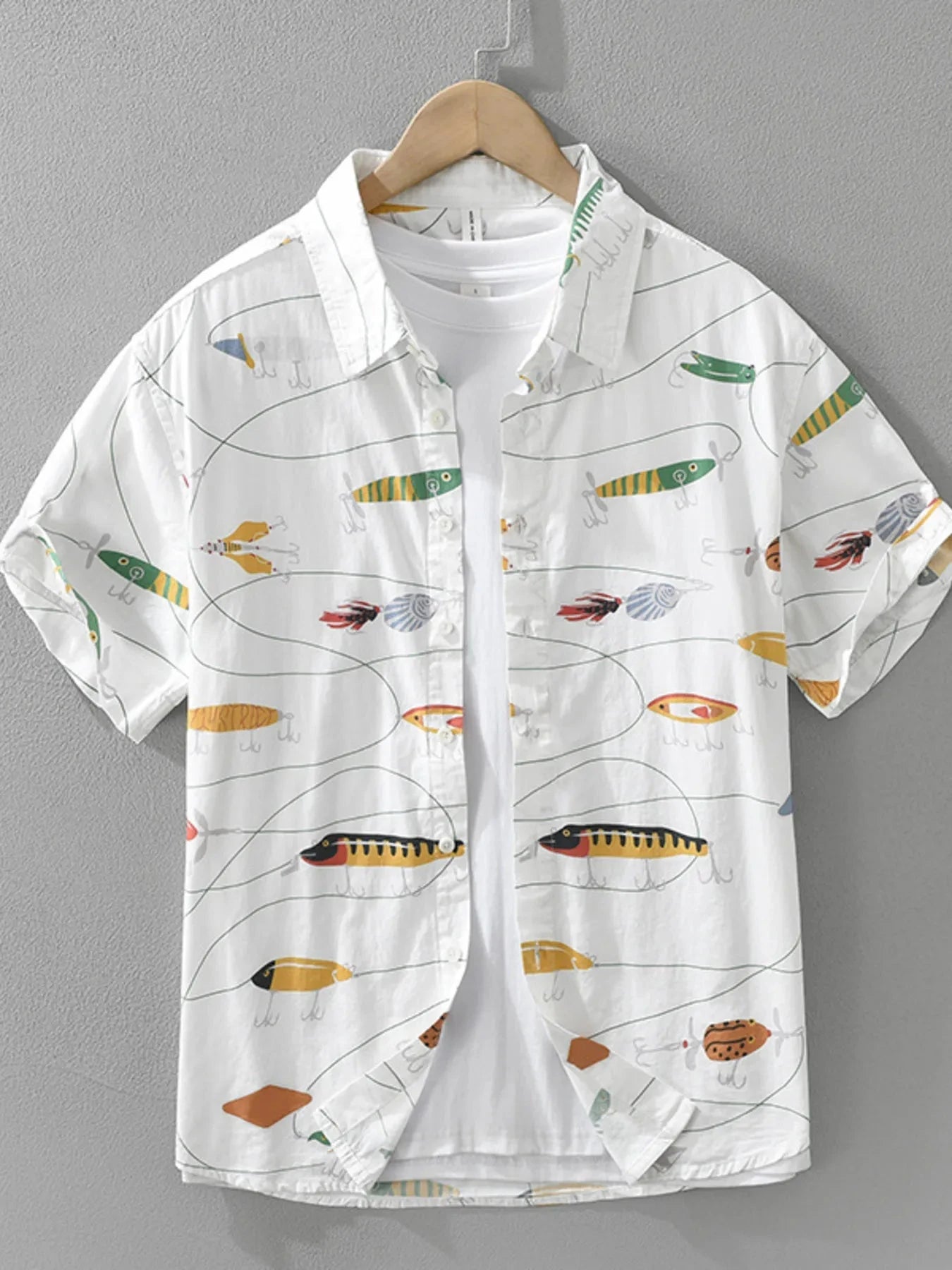 Men's Plus Size Printed Button Up Short Sleeve Shirt White / M