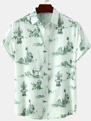 Men's Plus Size Printed Short Sleeve Button-Up Shirt Green / M