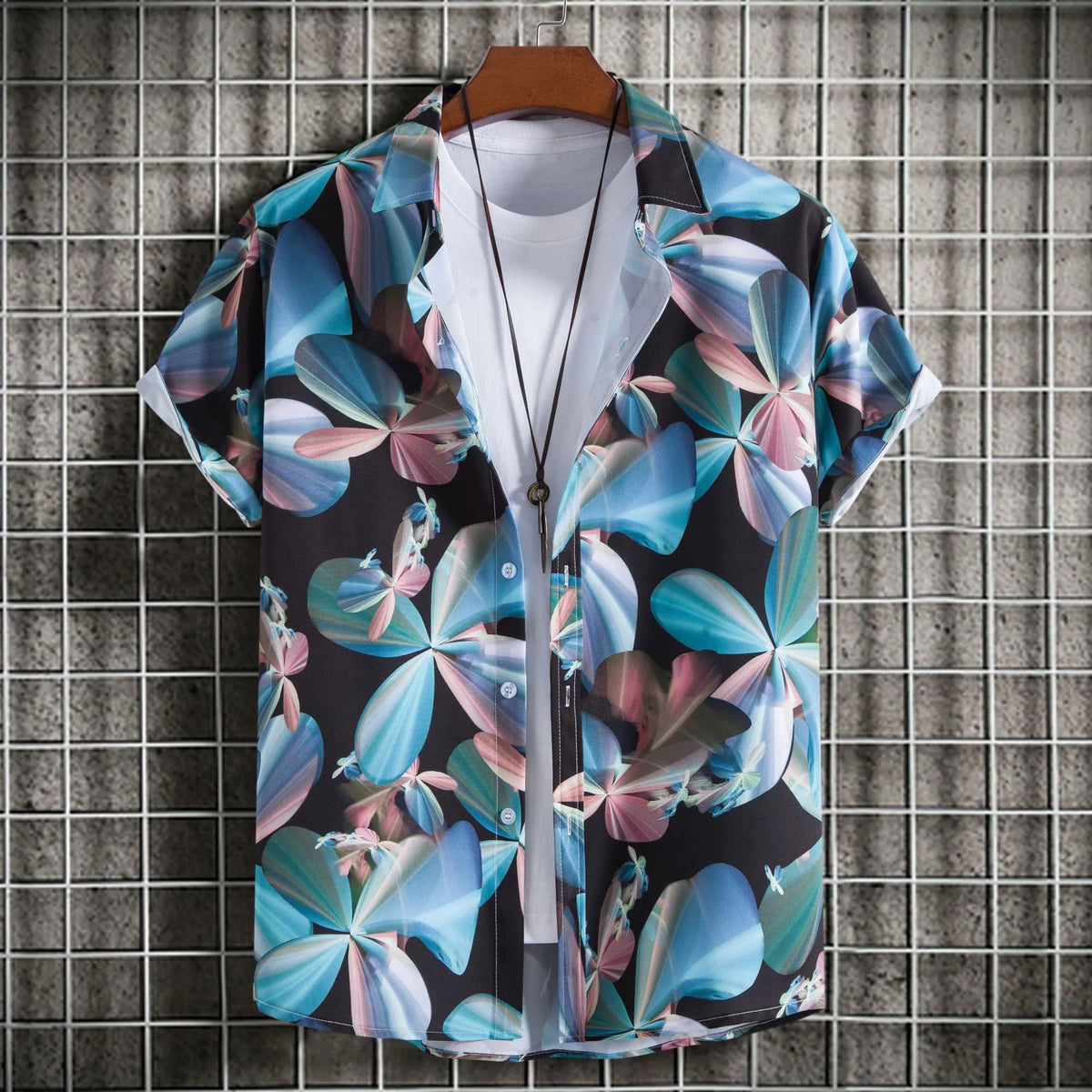 Men's Plus Size Printed Short Sleeve Button-Up Shirt Teal / M